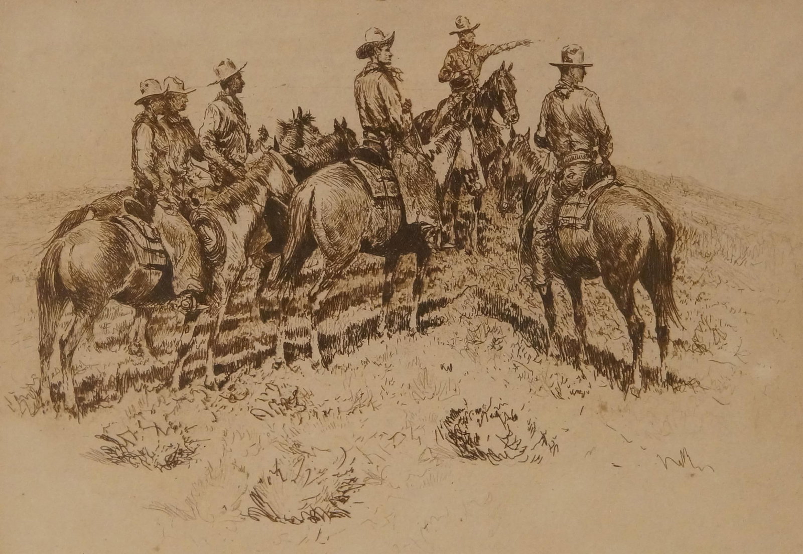 Edward Borein (1872-1945) etching #35: "Splitting the Riders" - depicts 6 Horse riders. Includes Davidson letter Shown at the Ojai Valley Museum 2004 "Artwork of Edward Borein & Luis Ortega, Provenance: owned by Luis and Rose Ortega to The
