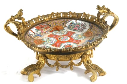 19th c. Chinese Canton porcelain & bronze Tazza