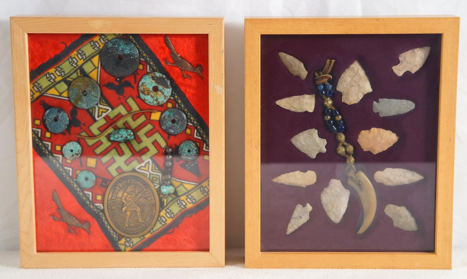 2 Shadow boxes of arrowheads & beads: app 26 pcs - including a number of spider web turquoise spindles, nuggets and silver bead and turquoise pieces copper roadrunner and token. The other box has 10 arrow points and a beaded tooth. They