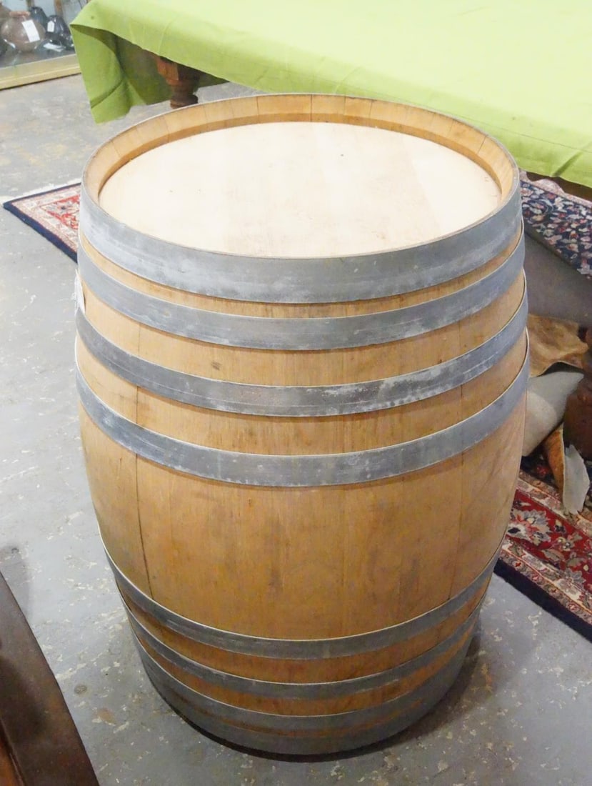 Oak barrel 3' tall and 29" diam: Provenance: Museum of the Cowboy "Jim Grimm estate" Solvang Ca.