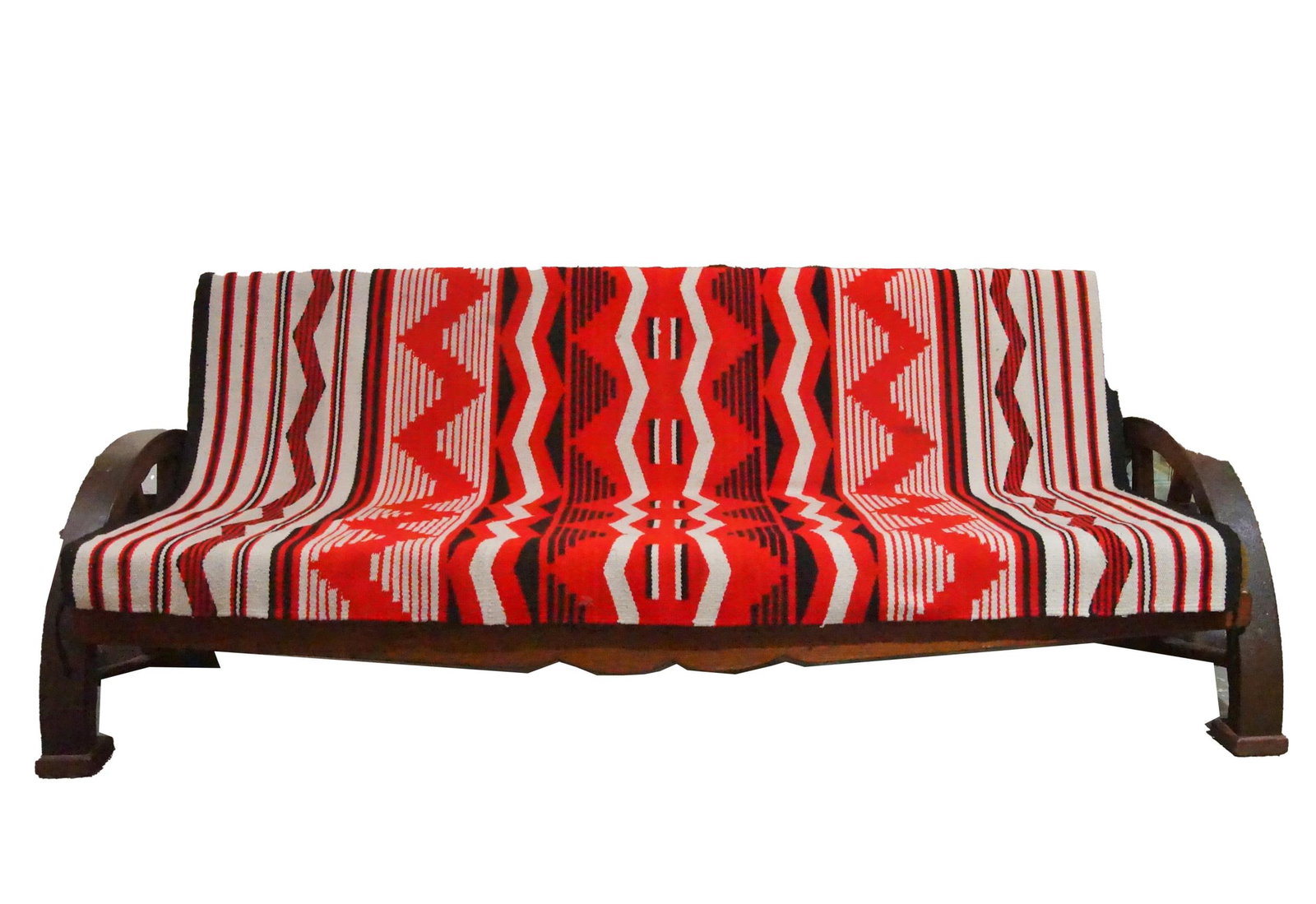 Vintage Wagon wheel sofa 8' long & Navajo Blanket: Includes Navajo weaving rug that as cover 81.5" x 53" measures approx. Provenance: Museum of the Cowboy "Jim Grimm estate" Solvang Ca.