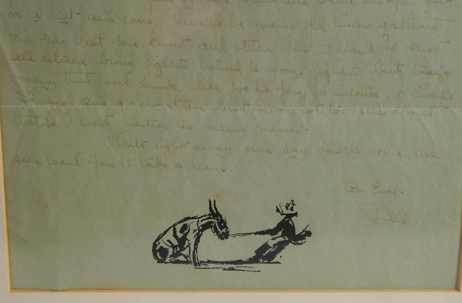 Edward Borein Drawings on Willaim James Letter: Framed 17.25" x 14" Letter from Cowboy's writer's association president and author William James to Edward Borein with three original drawings, letter paper 8.5" x 11" with approx. 8" x10" visible. Pr