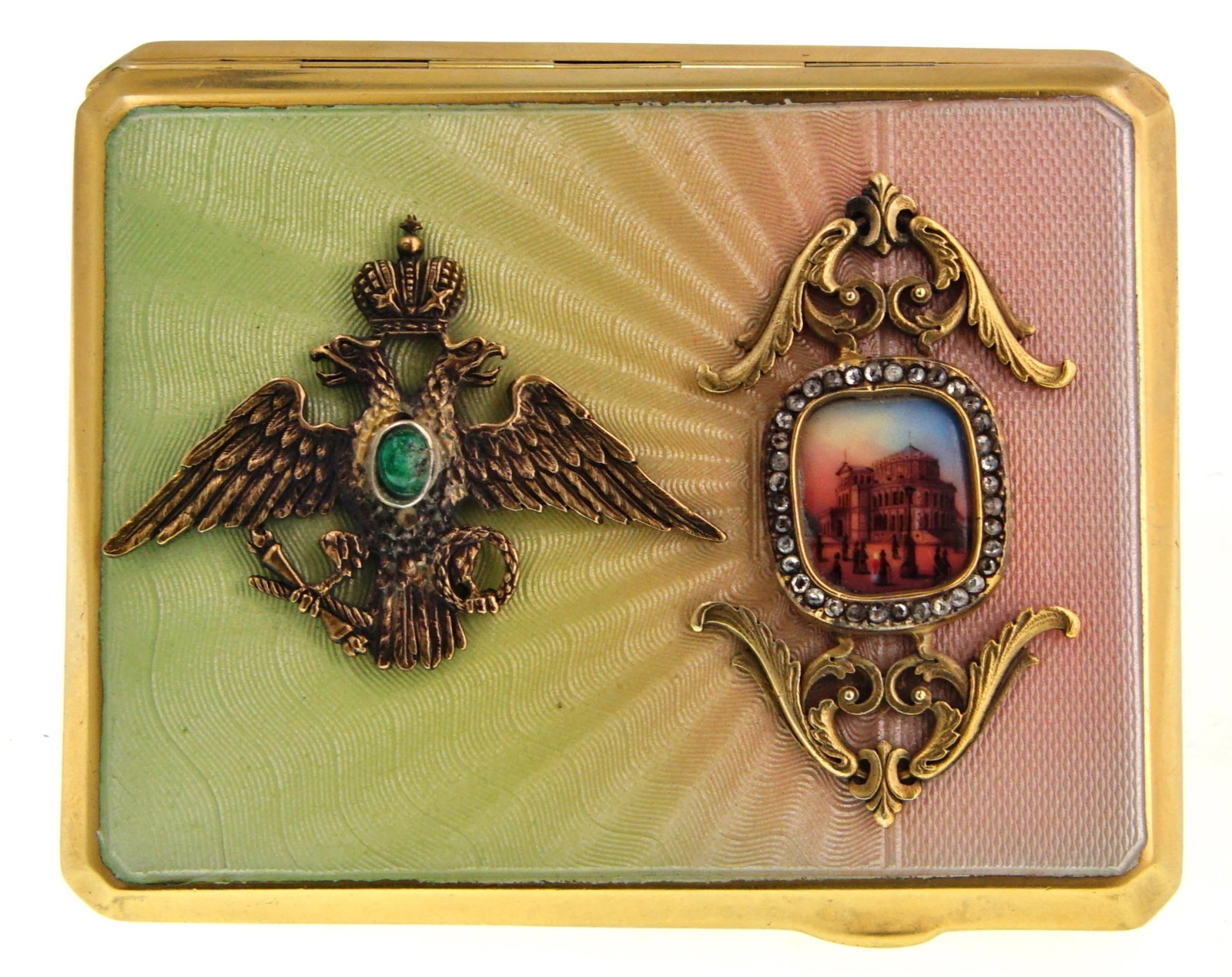 Faberge' guilloché enamel jeweled cigarette case: Property from a Private California Collection A t Mounted designs set with a miniature painting, diamonds, emerald and rubies. The wavy Guilloche' enamel starts red/pink and flows into a light green w
