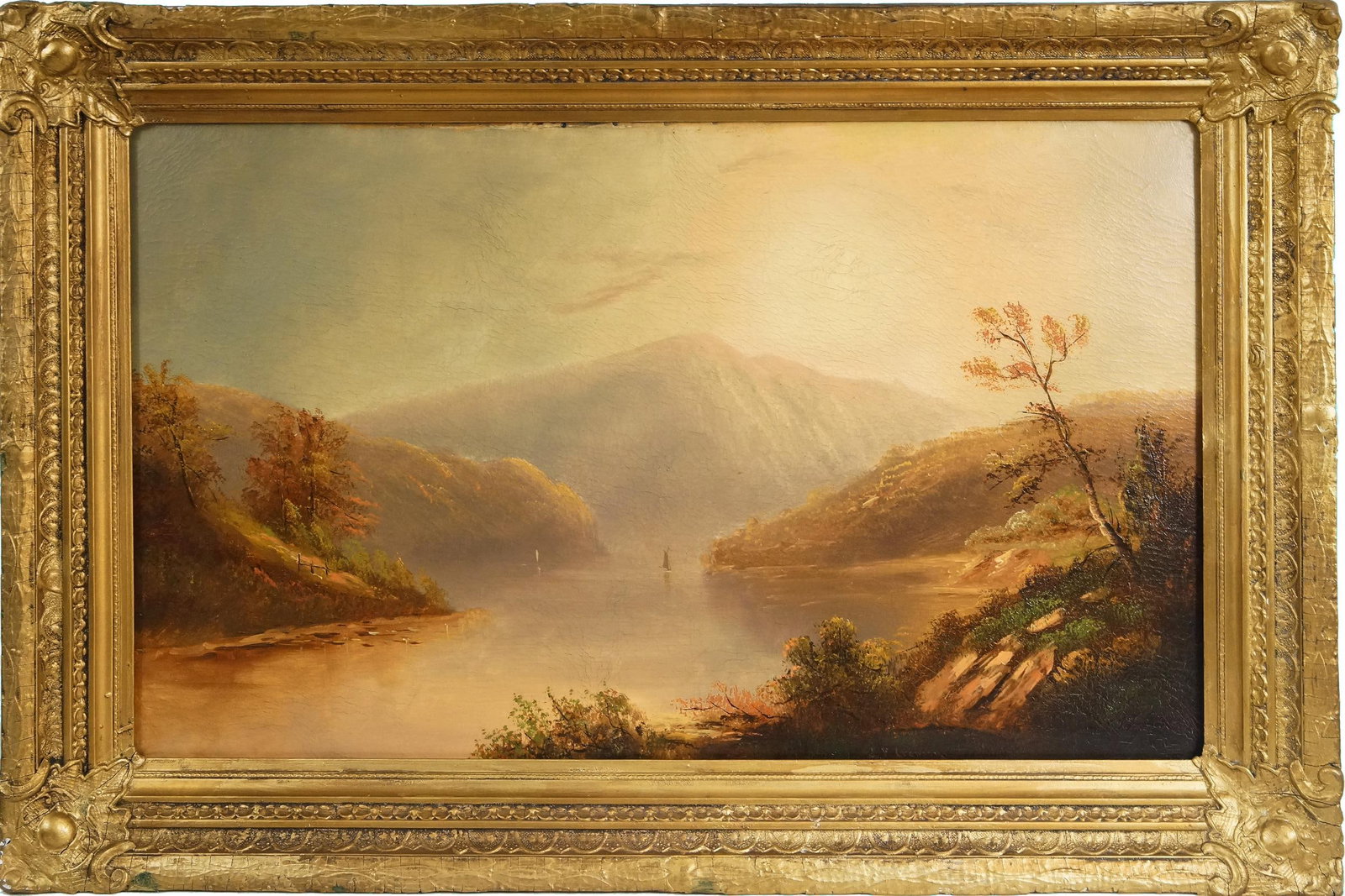 Jasper Francis Cropsey (1823-1900) River Landscape: Jasper Francis Cropsey, American, 1823 to 1900, Hudson River Landscape, oil on canvas Signed and dated lower right measures approx. 22.5" x 36" in an antique gilt frame 28.5" x 42.5" Provenance: