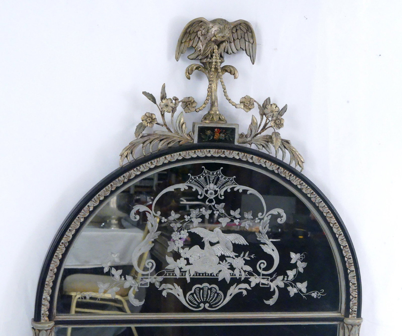 Antique etched mirror with silver eagle - 3