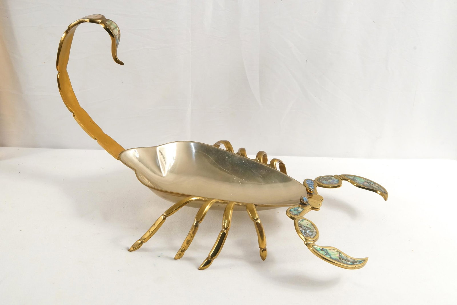 Abalone inlaid Scorpion - Los Castillo style Mex.: Vintage Mid Century Los Castillo Style scorpion shaped 'mixed metal' studio art tray made in Mexico with Abalone shell inlay. Attributed to Los Castillo. Measures 24" x 12.5" tall x 14", larger than