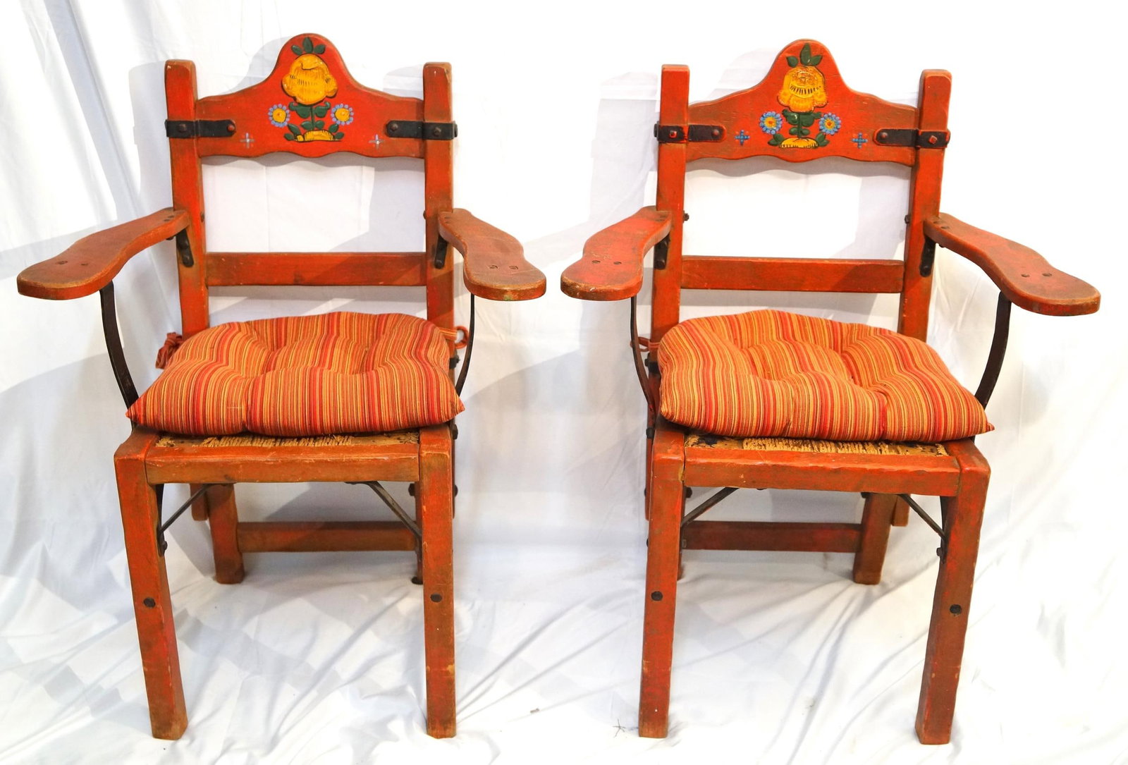 Two Red California' Monterey Arm "Chairs: both hand painted Provenance: Rancho La Vista, Ojai .calif