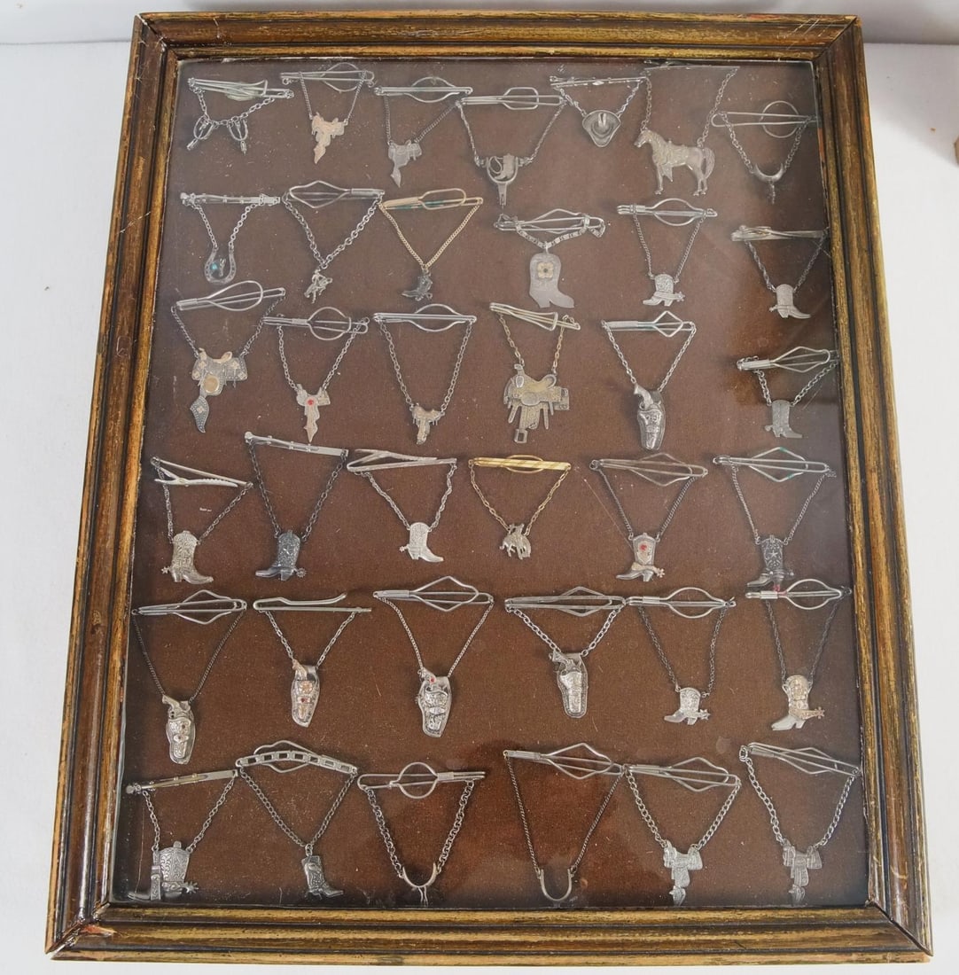 Shadow box display w Western tie tacks - 37pcs: 18" x 22" x 2.5" - great collection of Western tie tacks