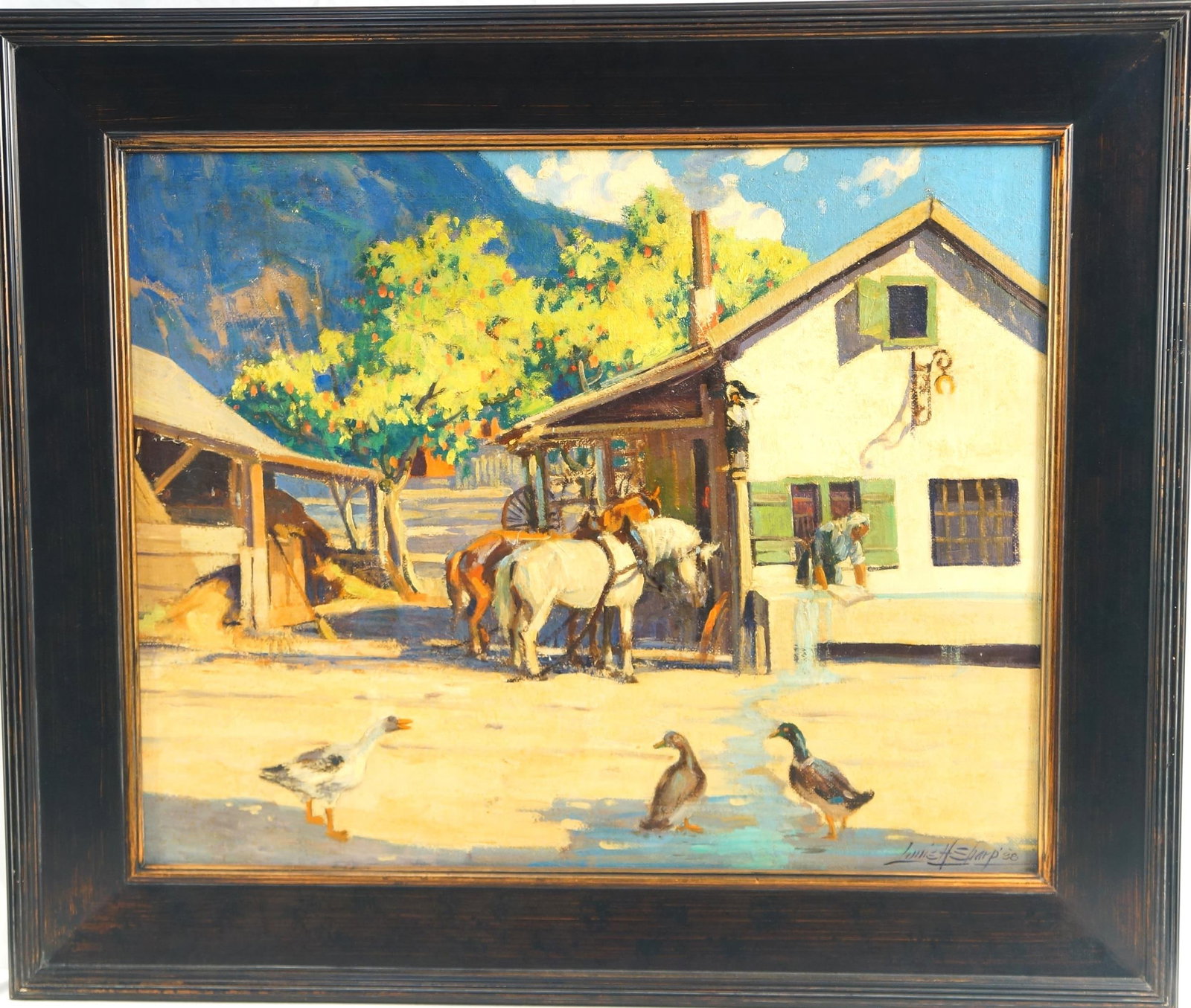 Louis H. Sharp (1874 - 1946) O/C 24" x30": Western Ranch Scene 24" x 30" and 32" x 38" frame - Provenance: Rancho La Vista, Ojai California