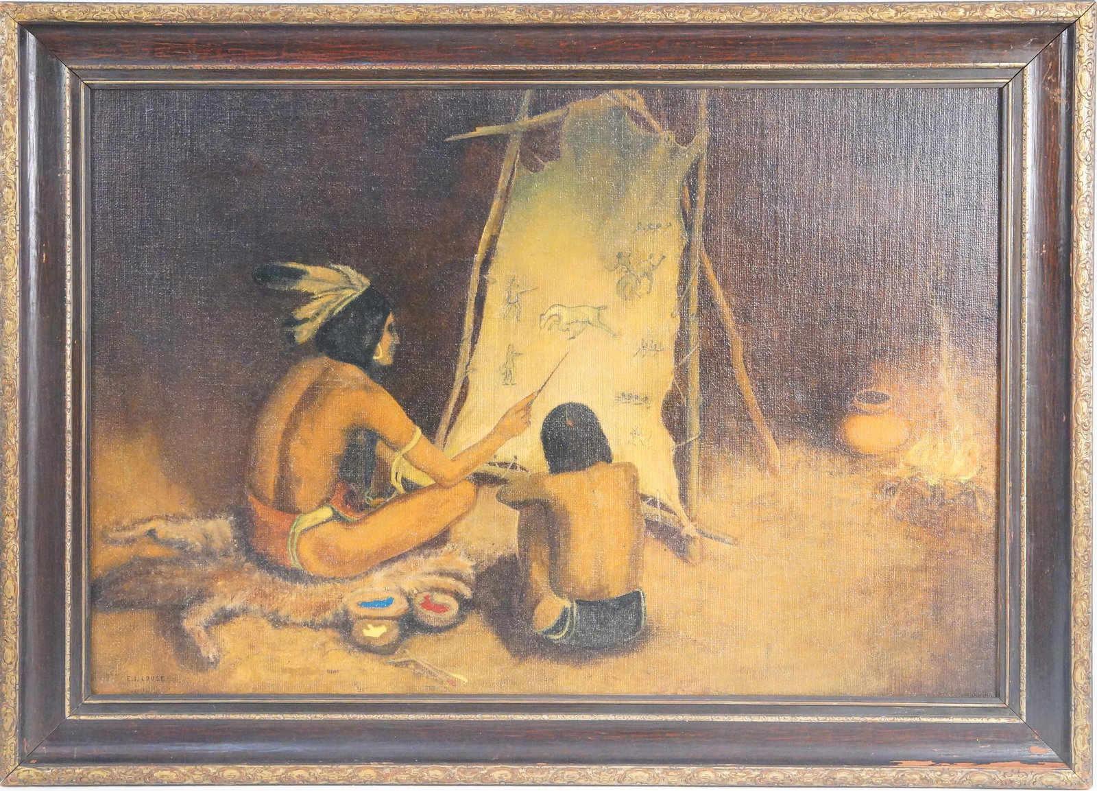 " The Historian' After E.I. Couse 22" x 32" O/C: Period painting after Couse's "The Historian" Oil on canvas, signed lower left relined with a new frame. Canvas measures approx. 22" x 32". in a vintage 27.5" x 32"