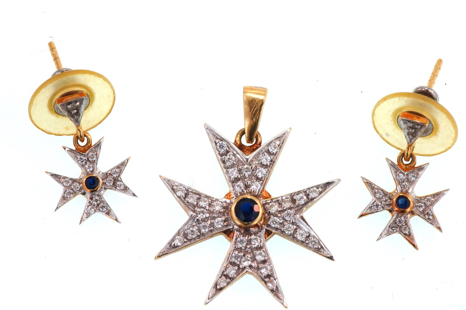 Pair diam & ruby Maltese cross earrings & pendant: earrings and matching pendant - 18kt pendant weighs 1.4 gms