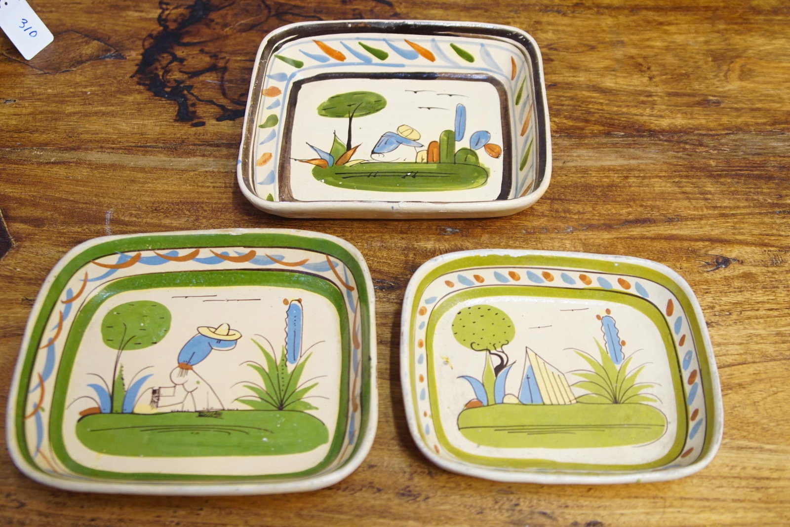 3 Mexican Tonala pottery trays: Vintage with cactus, Sombrero men, the biggest measures 9" x 8" - 3 pieces