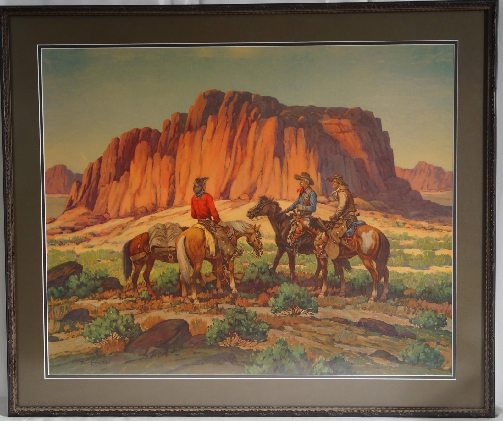 Tillman Parker Goodan lithograph: image size 23.55" x 34.5" frame 29.5" x 34.5" you may have seen his painting on western ceramics! Western Ho Ceramics
