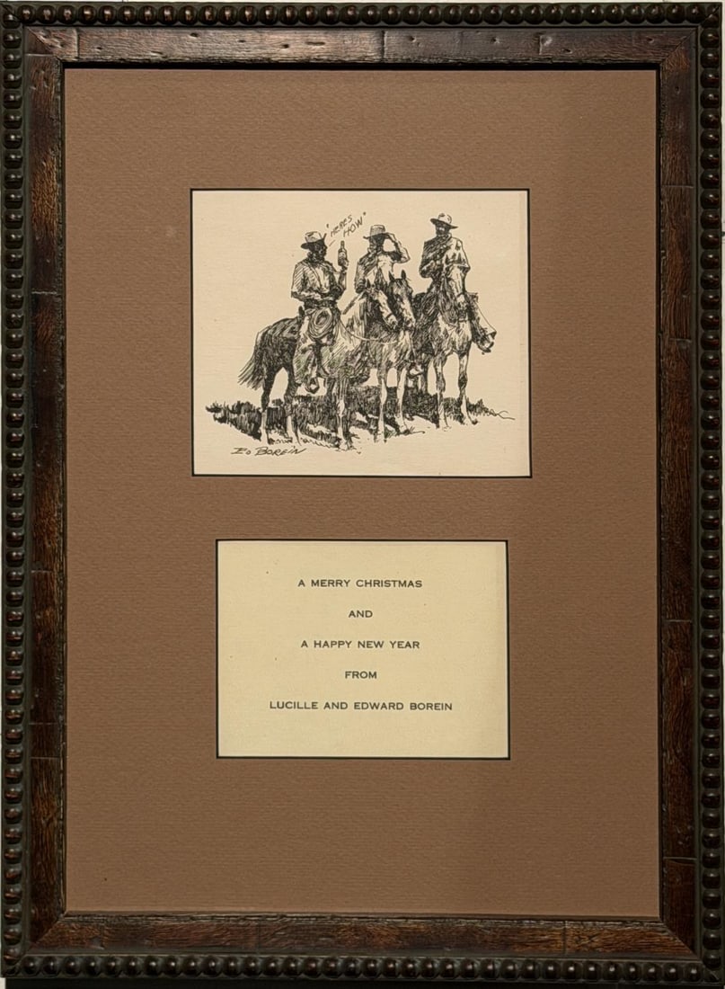 Edward Borein etching & Christmas card to friends: "A MERRY CHIRSTMAS AND A HAPPY NEW YEAR FROM LUCILLE AND EDWARD BOREIN" Santa Barbara Christmas, etching nicely framed behind glass - frame measures approx. 16.75" x 12.75" Provenance: The Estate of J