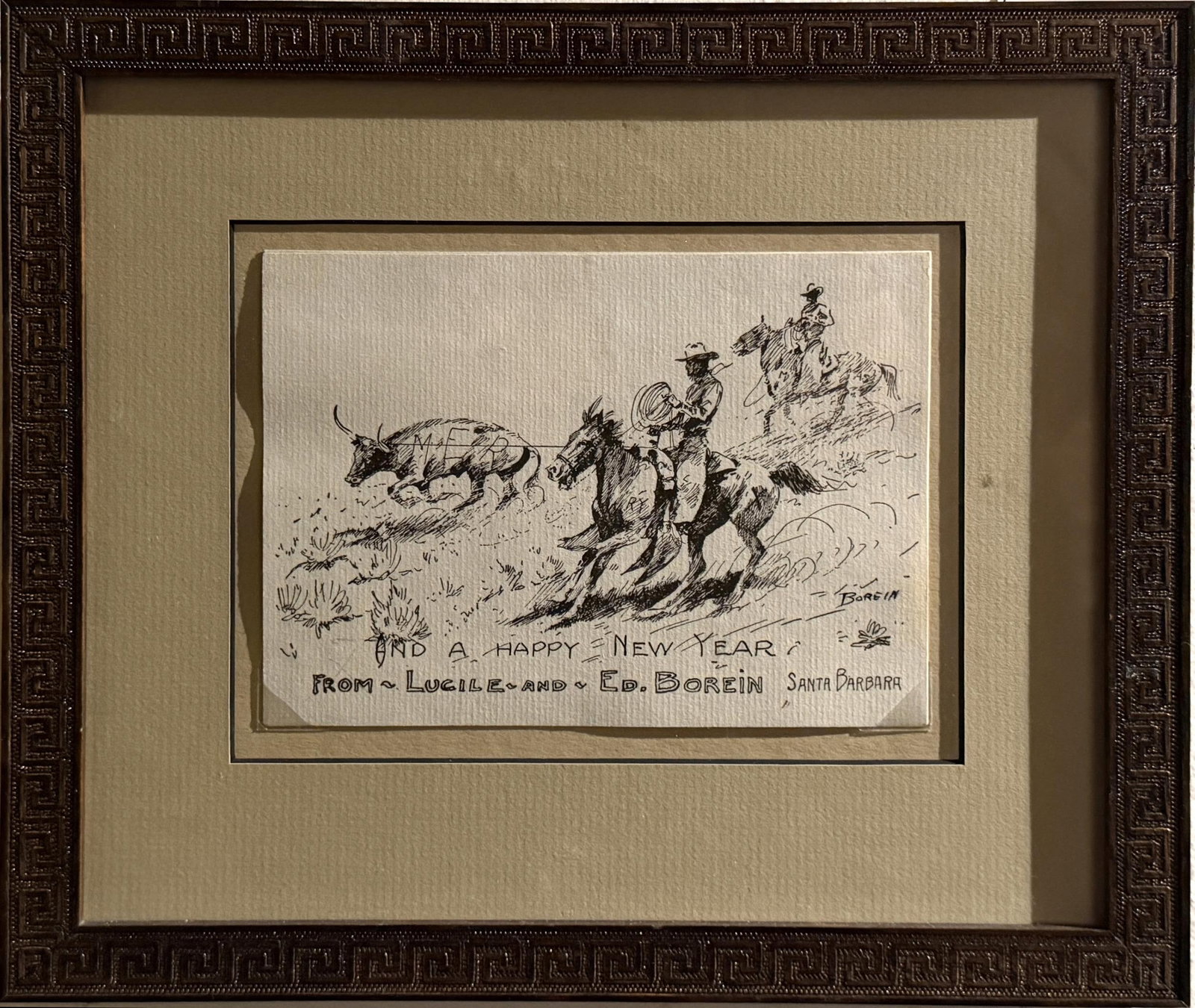 Edward Borein etching & New Year's card to friends: "and a HAPPY NEW YEAR FROM Lucile and Ed Borein Santa Barbara" crisp etching nicely framed behind glass - Image measures approx. 4.75" x 6.5" frame measures 9.75" x 10.75" Provenance: The Estate of Ji