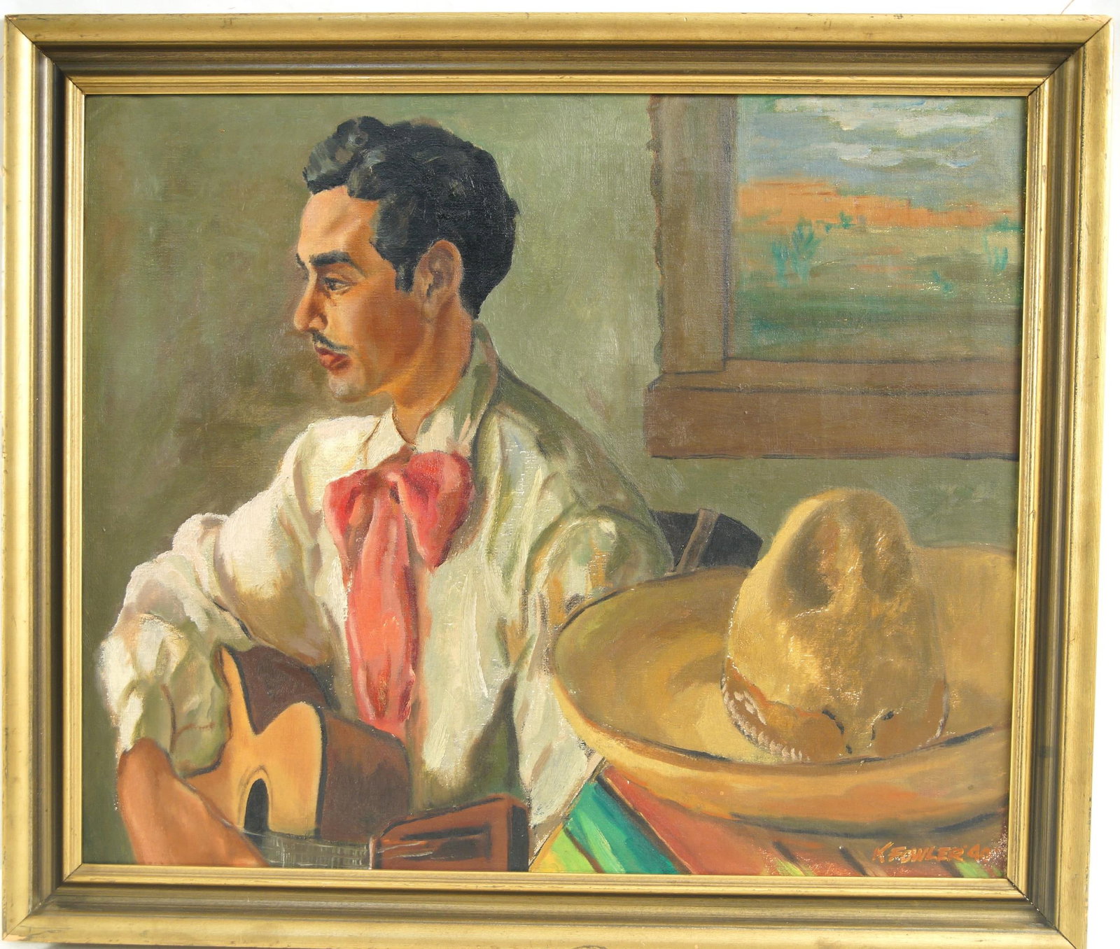 K. Fowler Mexican Man with Hat O/C dated 1940: 22' x 24" frame 24" x 28" - Provenance: Rancho La Vista, Ojai California