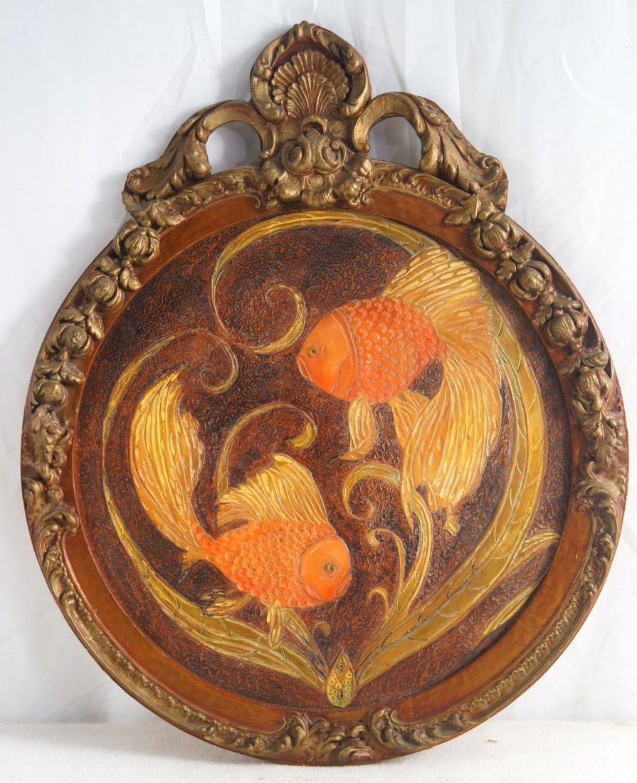 Gilt Framed Koi fish tooled leather plaque: Leather tooled Koi fish Plaque measures approx 21" x 17.5" Provenance: Museum of the Cowboy "Jim Grimm estate" Solvang Ca.