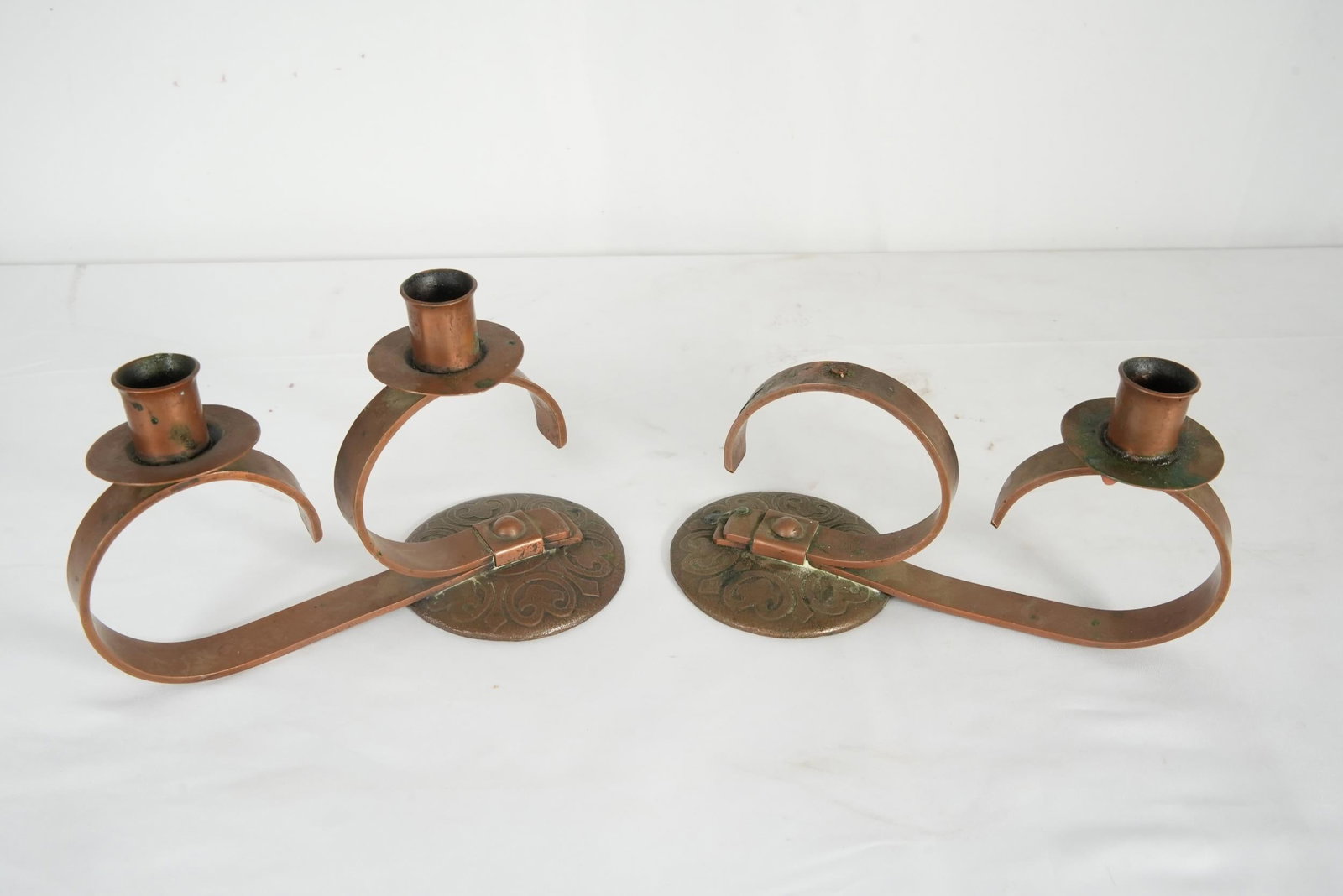 Pair Antique Copper Arts n Crafts candle holders: 7.75" x 5" x 3.5"