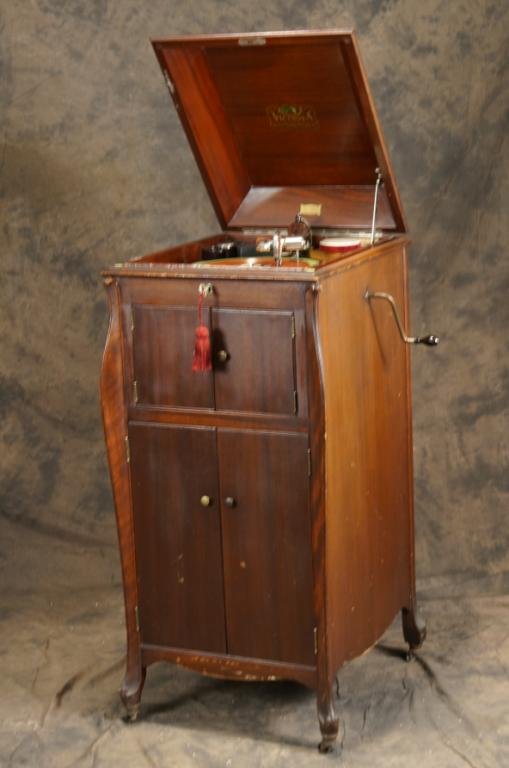 Victor Victrola - mahogany upright: with antique records needles, and record dusters
