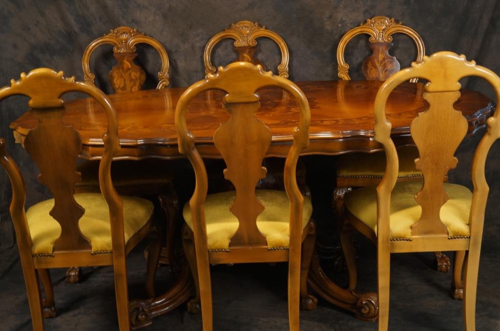 Italian dining room set - Inlaid pedestal table &: set of 6 chairs