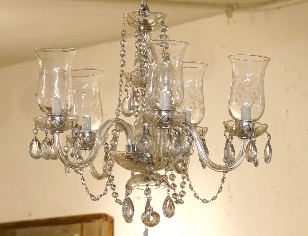 Etched Crystal chandelier w hurricane shades