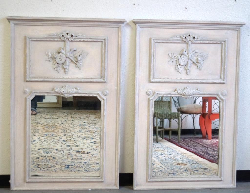 Louis XVI Trumeau mirrors - pair: 51.5" high x 32.5" wide - hand painted - Provenance: Montecito, Ca. Collection originally from a house in Darien,CT. designed by the renowned firm McKim, Mead and White in 1908 featured in the Novembe