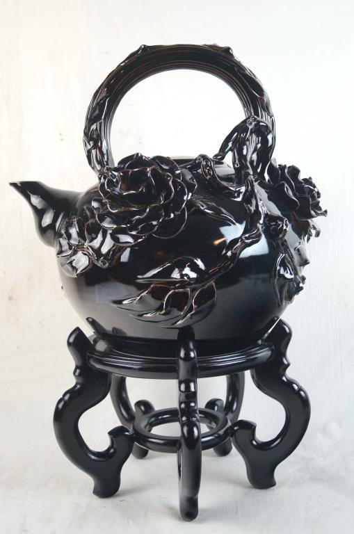 Chinese black mirror glaze tea pot: delicately hand crafted w embossed flowers and branches 13"h x13"w
