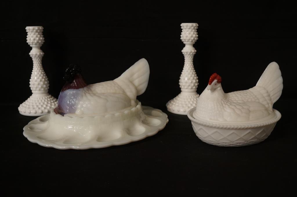 Unusual chicken egg plate, white glass chicken &: hobnail candlesticks - 4pcs