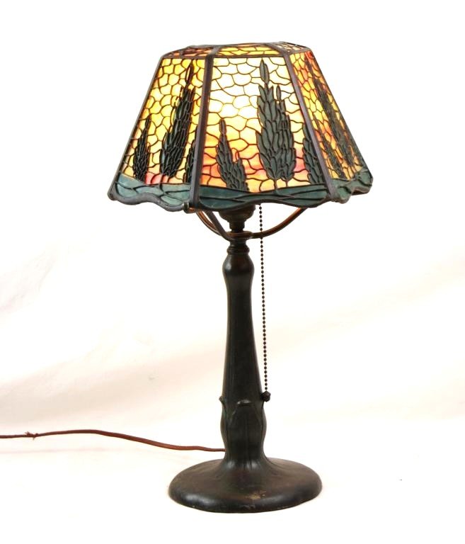 Antique Handel lamp & stained glass scenic shade: Shade and base marked Handel, Provenance purchased from the Dr. Josef Sanders Estate via the American Art Glass Lamp Authority Robert Ogorek.