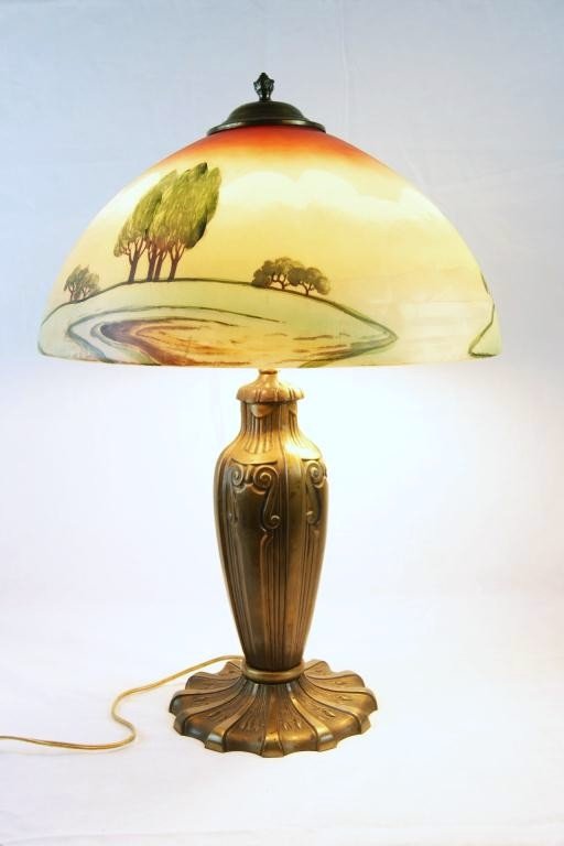 Antique Pittsburg obverse painted lamp: Pittsburgh Lamp, Brass and Glass Company hand painted 16" diameter shade17 gilt metal base
