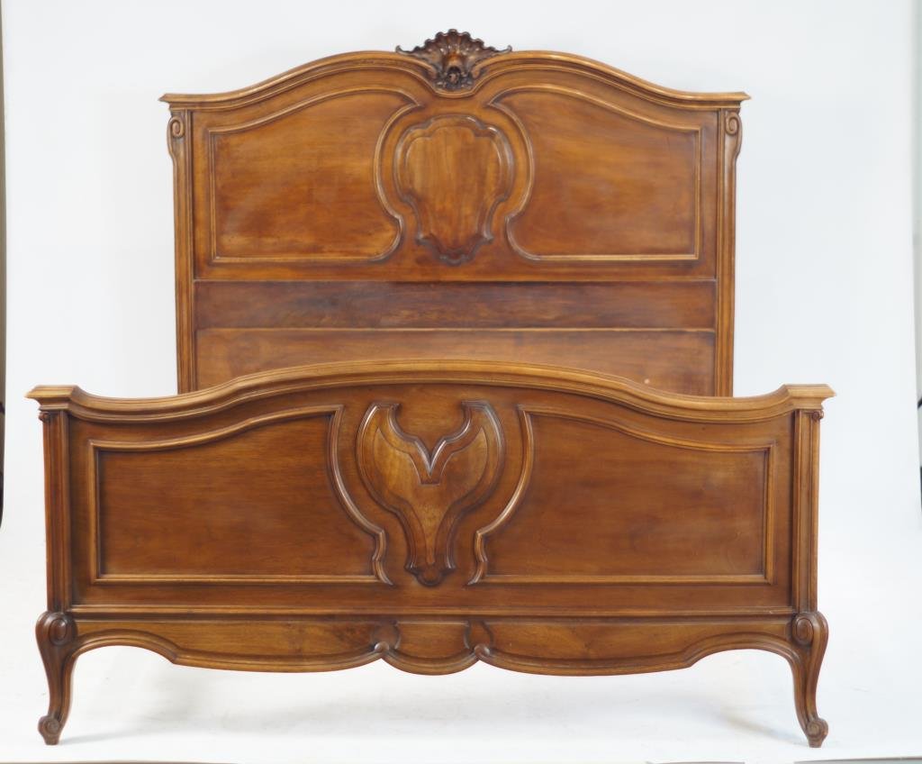 Antique French wood carved queen bed -: headboard and foot board
