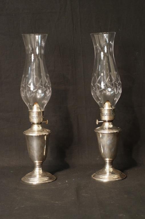 Pair Gorham EP silver hurricane lamps