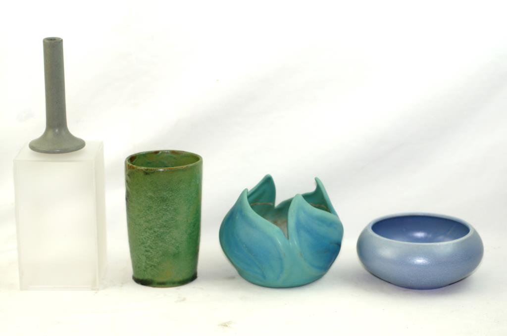 Fulper, Van Briggle, Catalina & Marblehead Pottery: & vases - 6.75" x3.65" Fulper, 6.5"x3" Catalina bowl, 5.5"x2.75" Marble Head Bud vase