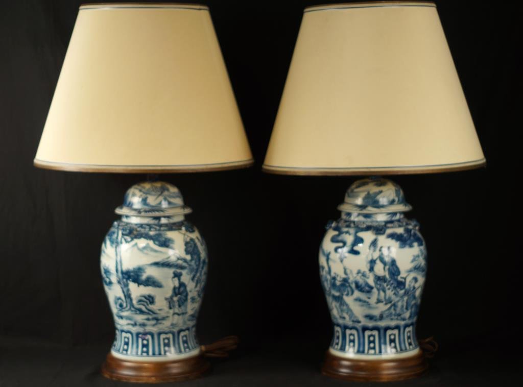 Chinese Blue & White Ginger Jar Lamps 36" H: show age - with orig. tops Jars measure 19"