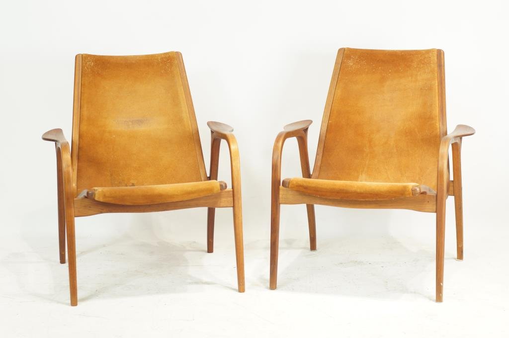 Pair Mid Century chairs by Yngve Ekstrom: Ekstrom Lamino modern chair 31h x 27.5w made of solid teak, original leather, carved signed at bottom Swedese "Yngve Ekstrom, made in Sweden. Provenance: from the estate of Pioneer UCLA surgeon Dr. El
