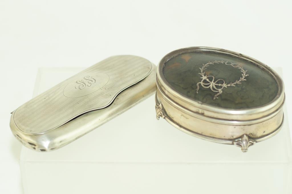 Sterling eye glass case and oval jewel box: 2pcs - case has antique eye glasses