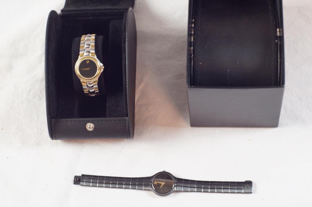 Pair of Movado Ladies watches: black on black and stainless