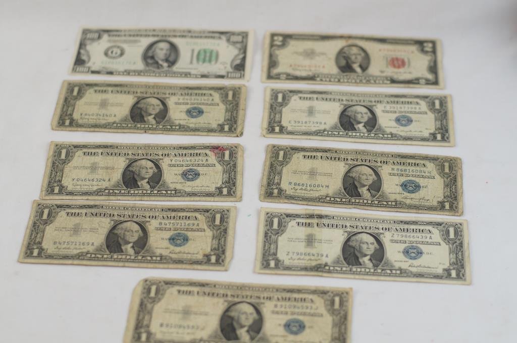 1934 - one dollar bill, 1953C 2 dollar,: 1957H one dollar, 2 - 1957B dollar bills, 1957 E dollar bill, 1957G dollar bill and two 1957 dollar bills - 9 pcs total