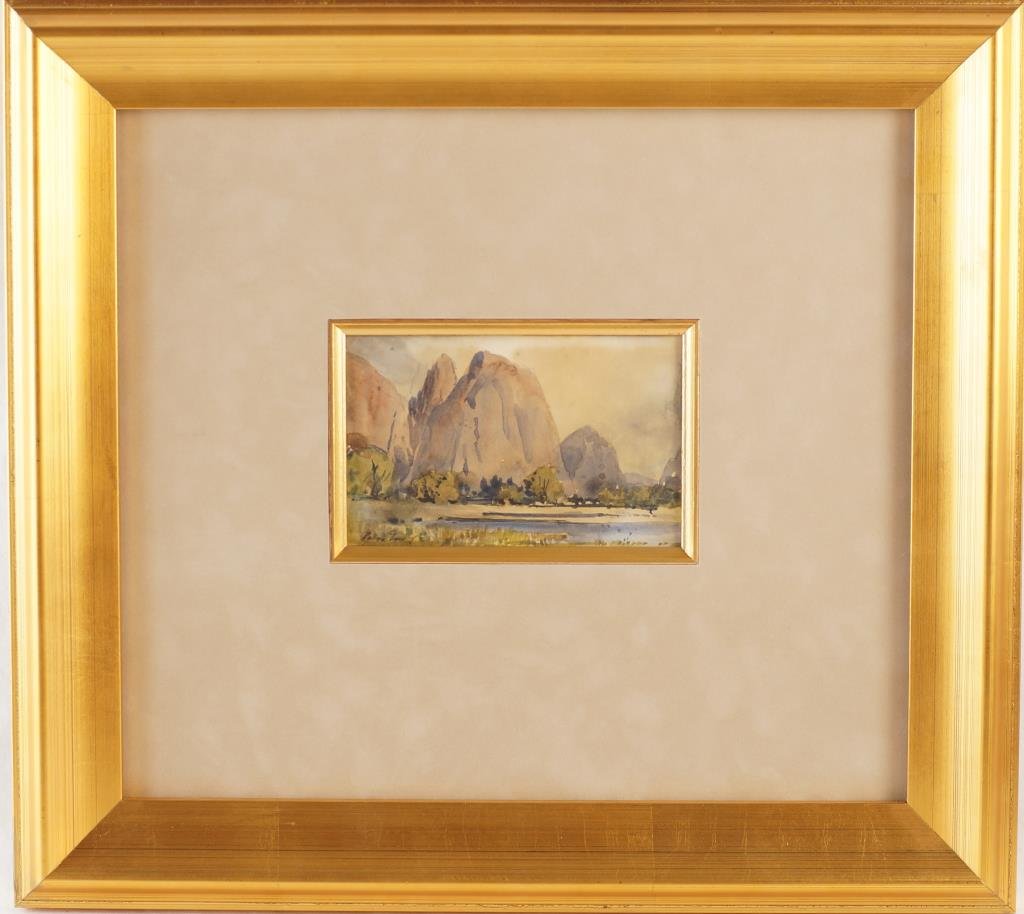 Percy Gray (1869-1952) watercolor: Cathedral mount Yosemite measures 3.5" x 5.5" - additional frame (the original) has handwritten note about how cold his fingers were while painting.