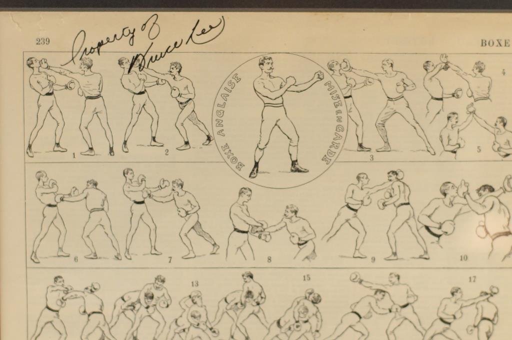 Bruce Lee's signed French Boxing diagram w/ COA: Bruce Lee’s signed Antique French Boxing Flyer with COA “Property of Bruce Lee” on top left (which