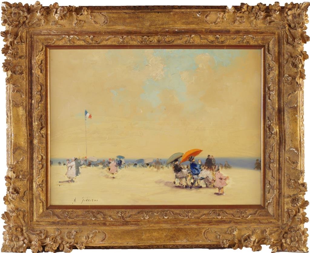 Andre (Gittelson) Gisson (1921 - 2003) oil/canvas: Impressionist painting - Beach scene measures 16" x 20" signed lower left A Gisson Provenance: A. Garat 40 year collection, Los Angeles, Ca.