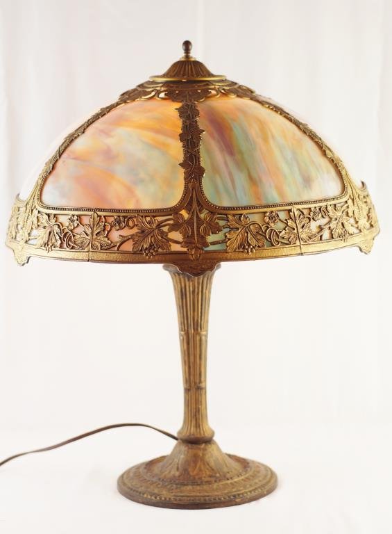 American "Miller" slag glass lamp: measures 18" D shade x 21" tall