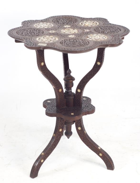 Antique Syrian inlaid scalloped lamp table: Provenance: originally purchased from the Oprah Winfrey Leadership Academy foundation Auction