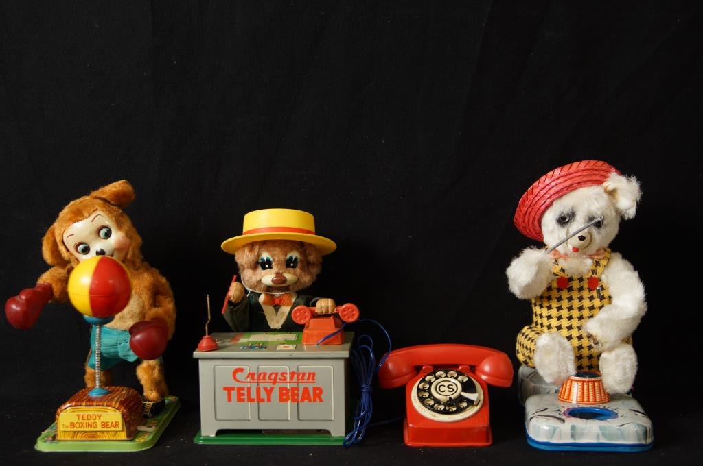 Vintage Japan battery op toys - bears Cragstan: Telle Bear, Teddy the boxing bear, Alfs the fishing bear - 3pcs - very good condition