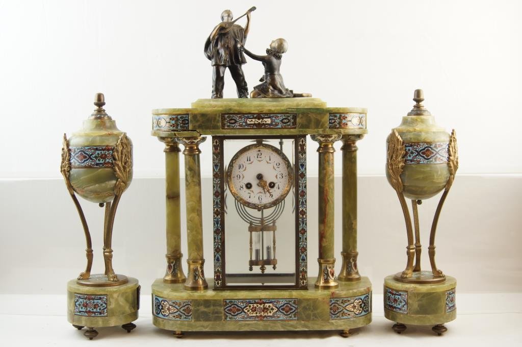 French 3pc brass onyx champleve clock set: with Mercury pendulum -