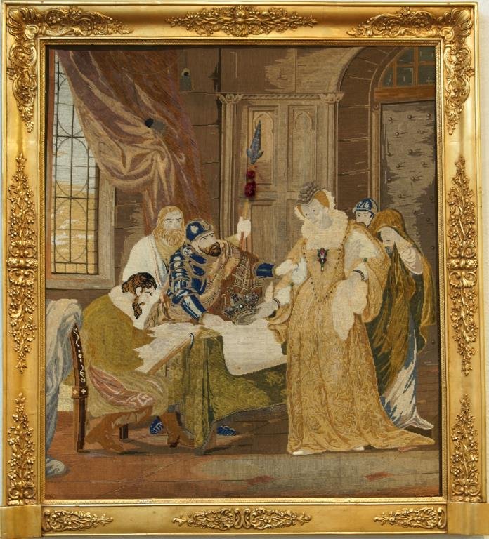 Outstanding European Tapestry - framed 46.5" x 40": semi-precious jeweled - petit point and needlepoint fine detail -