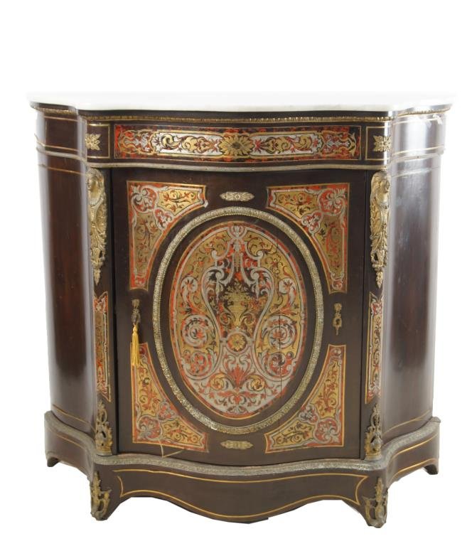 French Boule marble top credenza: metallic inlays w brass ormolu