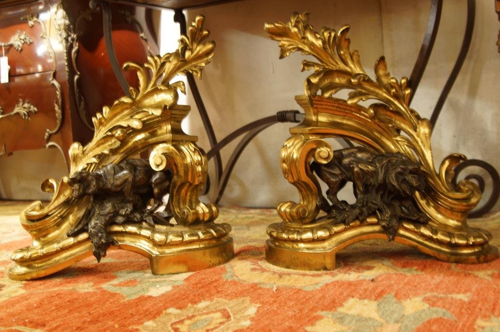 Outstanding 19th c. French Dore bronze andirons: elaborate andirons with Fierce Panthers towering over their pray. Period square hardware