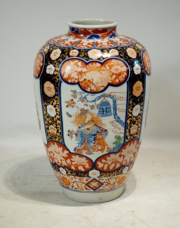 Large Antique Japanese Imari porcelain wine jar: Outstanding piece orig purchased for 4500 - depicting large pictorial scenes with Warriors and maidens, cobalt blue, red and white glaze large porcelain Jar 32" tall x 20" wide