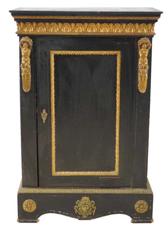 19th cent. Italian Ebonized console: w bronze ormolu and high relief figural detail Provenance: Private Ventura County California Collection